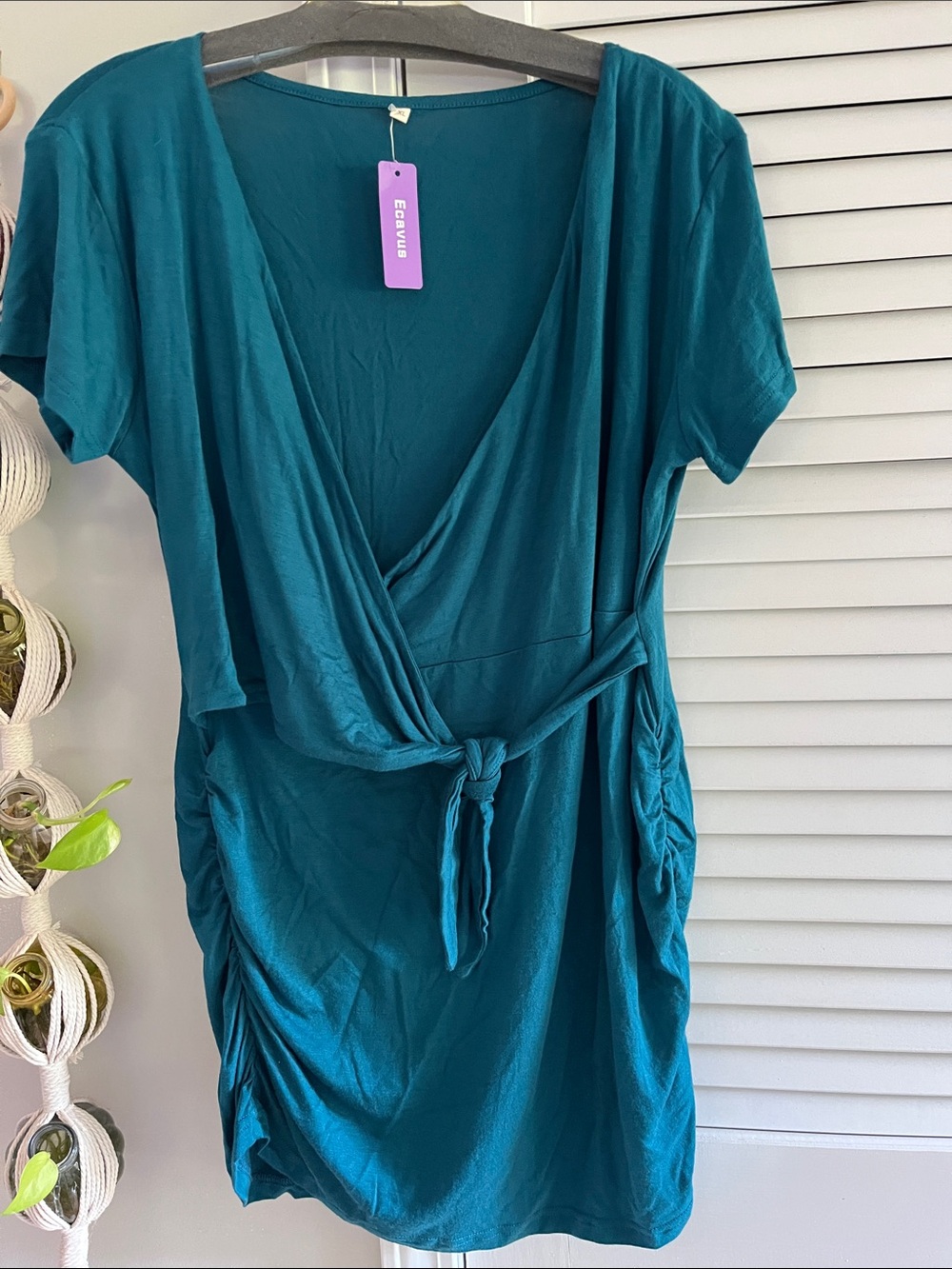 Teal Wrap-Front Mini Dress with Tie Waist